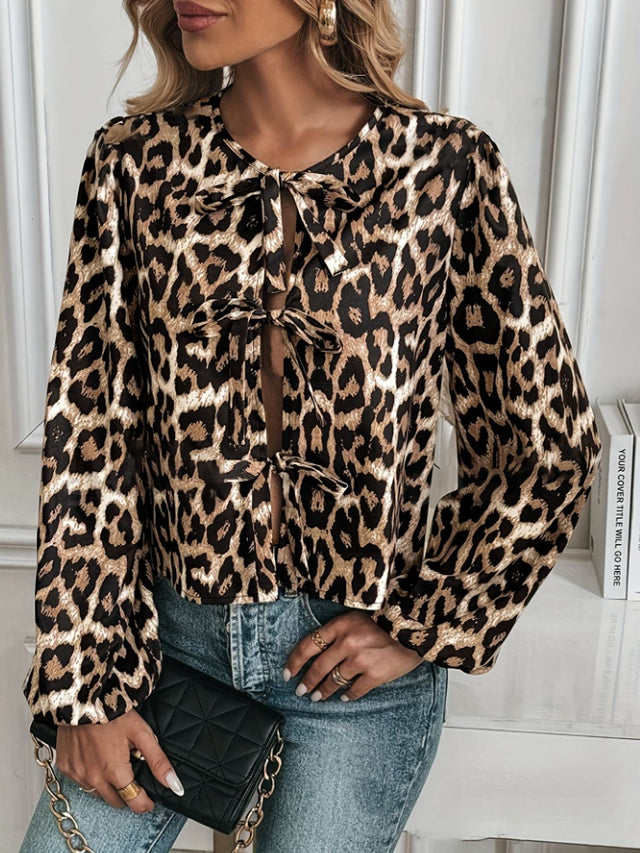 Tied Leopard Round Neck Long Sleeve Top | Hanalas