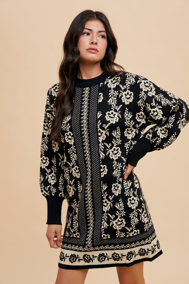 Annie Wear Floral Jacquard Round Neck Sweater Dress | Hanalas