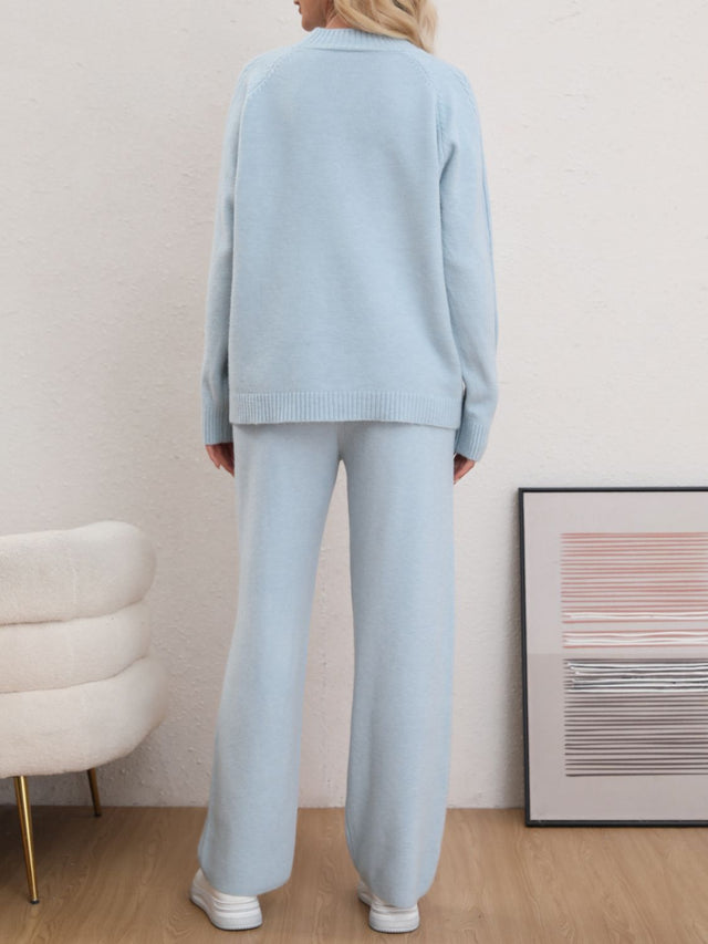 Mock Neck Long Sleeve Top and Pants Sweater Set | Hanalas