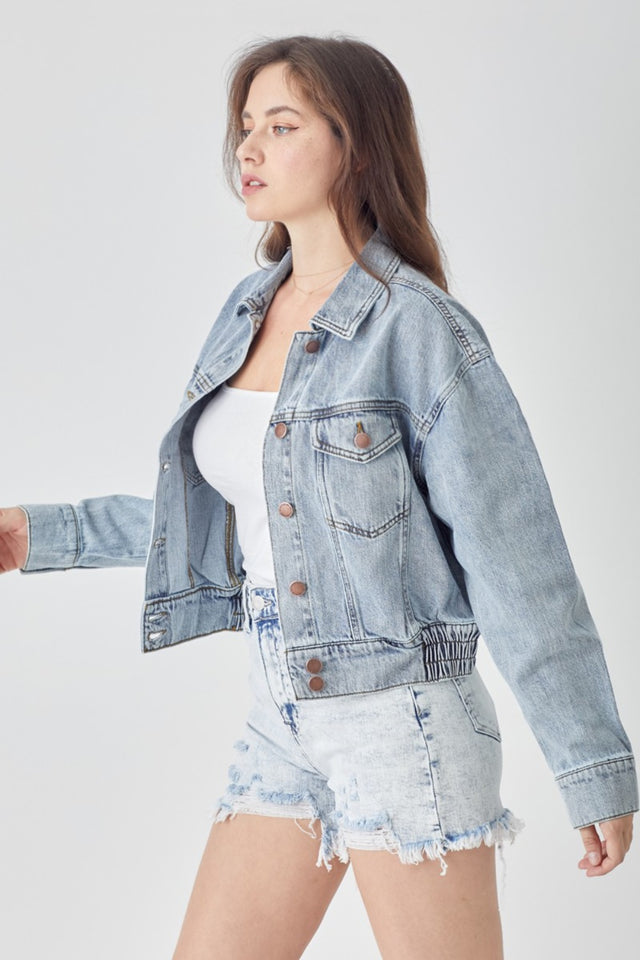 RISEN Full Size Button Down Cropped Denim Jacket | Hanalas