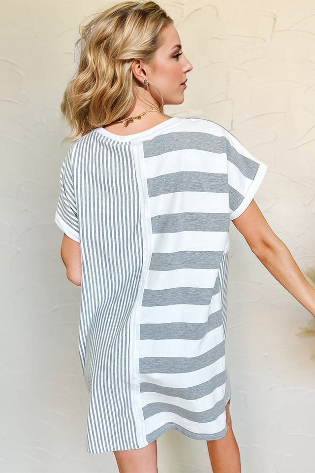 Oh Full Size Striped Round Neck Short Sleeve Mini Tee Dress | Hanalas