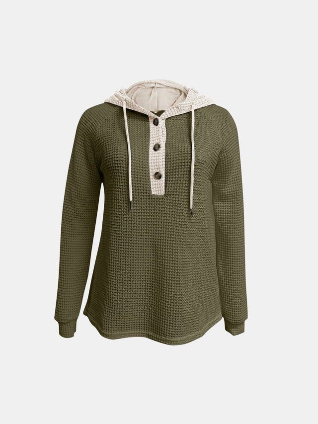 Full Size Waffle-Knit Contrast Long Sleeve Hoodie | Hanalas