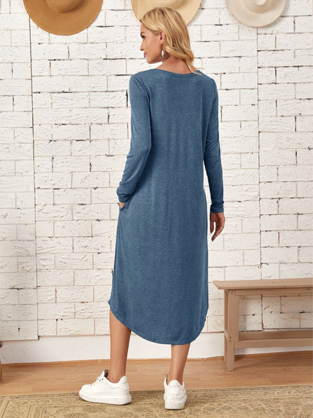 Pocketed Round Neck Long Sleeve Tee Dress - Hanalas