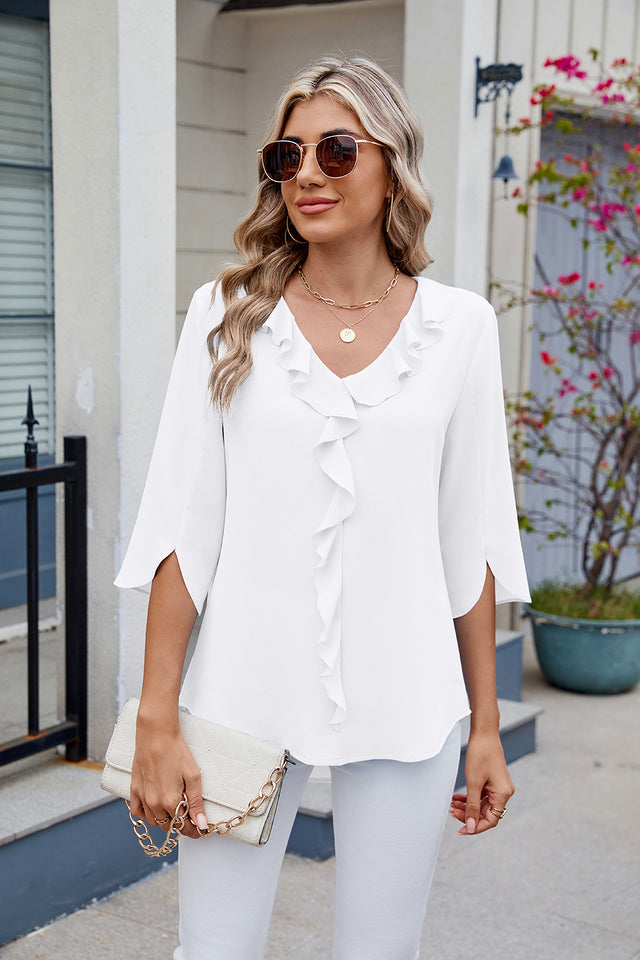 Ruffled V-Neck Three-Quarter Sleeve Blouse | Hanalas