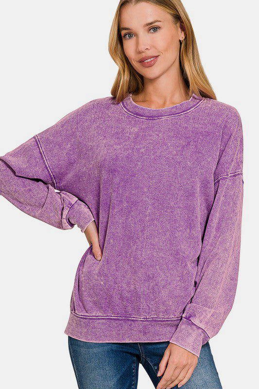 Zenana Washed Round Neck Dropped Shoulder Sweatshirt | Hanalas