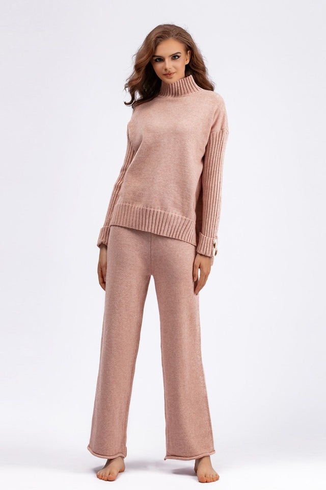 Basic Bae High- Low Turtleneck Long Sleeve Top and Pants Sweater Set Trendsi Hanalas