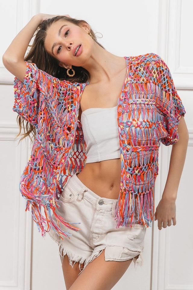 BiBi Open Front Fringed Crop Knit Cardigan | Hanalas