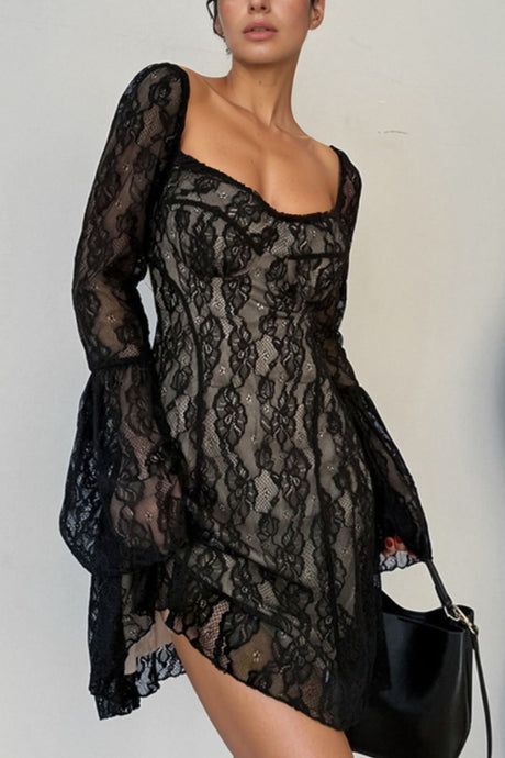 Lace Sweetheart Neck Flare Sleeve Mini Dress | Hanalas