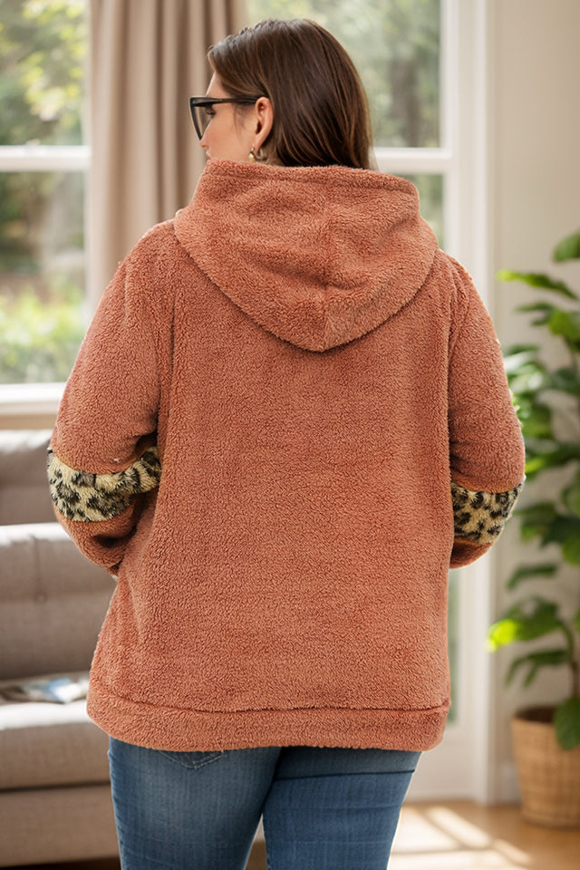 Plus Size Leopard Kangaroo Pocket Long Sleeve Hoodie Trendsi Hanalas