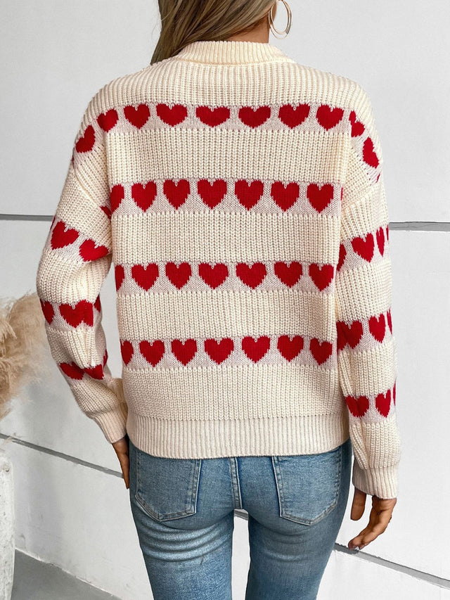 Heart Round Neck Dropped Shoulder Sweater | Hanalas