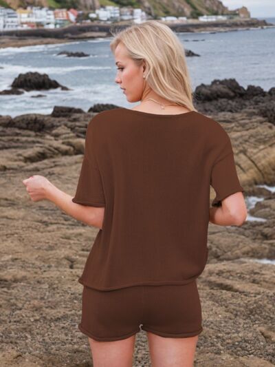 Round Neck Short Sleeve Top and Shorts Sweater Set | Hanalas