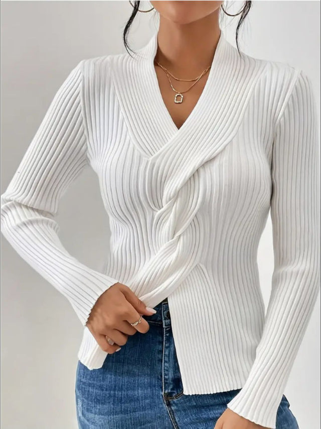 Twist Front Ribbed Long Sleeve Sweater | Hanalas