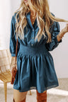 Smocked Half Button Three-Quarter Sleeve Mini Dress