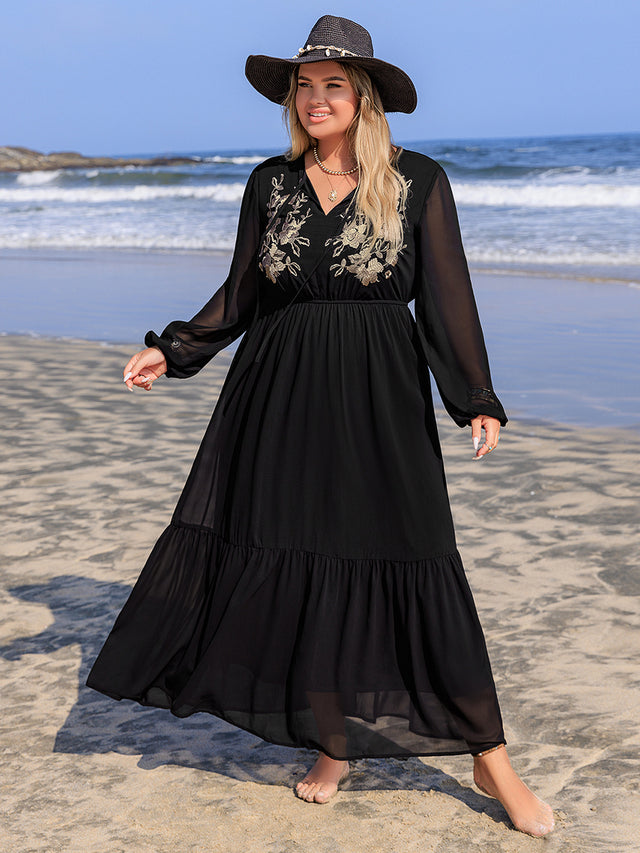 Plus Size Embroidered Tie Neck Long Sleeve Dress Trendsi Hanalas