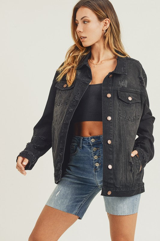 RISEN Full Size Distressed Long Sleeve Denim Jacket | Hanalas