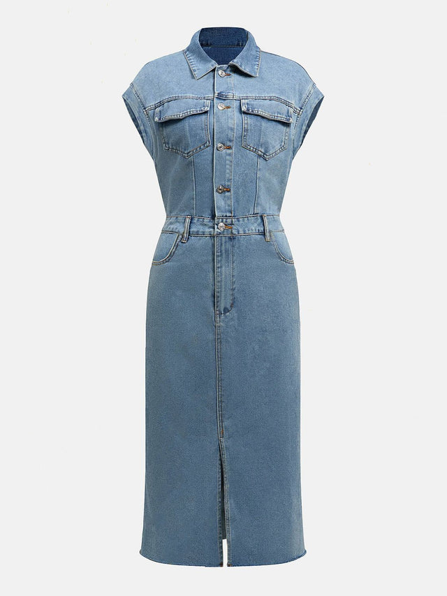 Slit Half Button Collared Neck Cap Sleeve Denim Dress Trendsi Hanalas