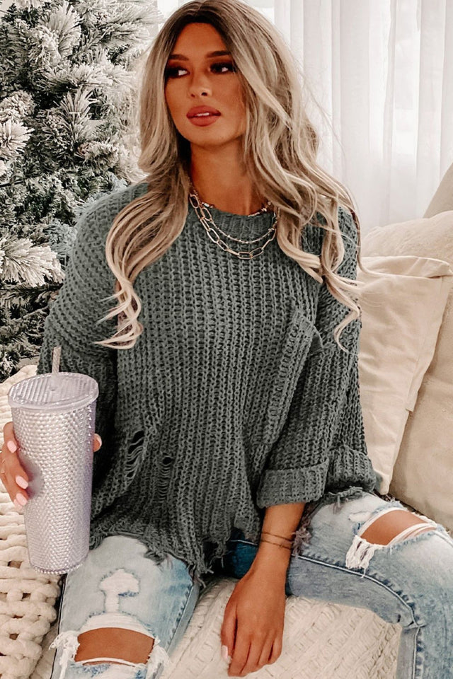 Distressed Round Neck Drop Shoulder Sweater | Hanalas