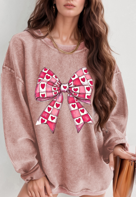 Valentine’s Day Bow Drop Shoulder Long Sleeve Sweatshirt | Hanalas