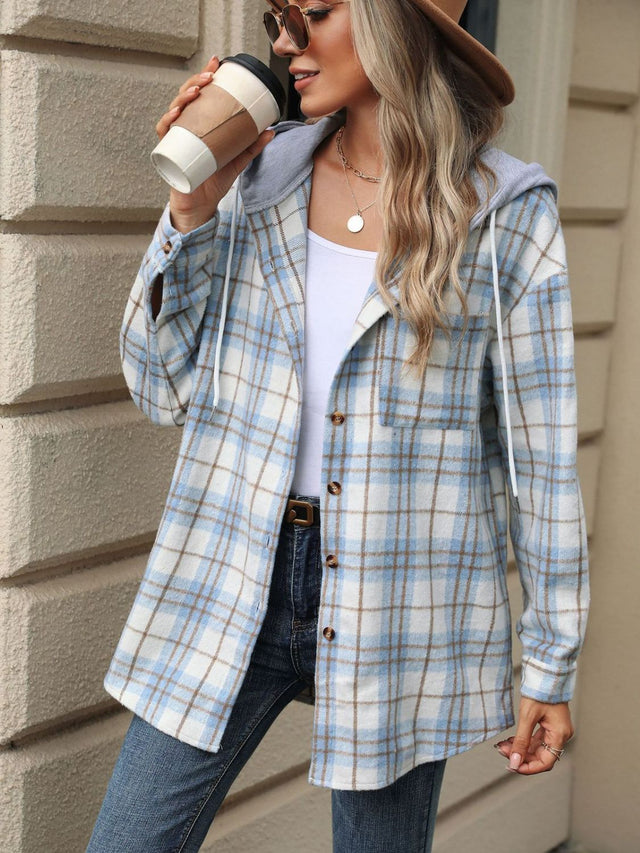 Drawstring Plaid Button Up Hooded Jacket Trendsi Hanalas