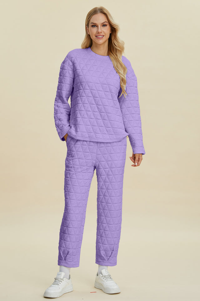 Double Take Full Size Texture Round Neck Long Sleeve Top and Pants Set | Hanalas