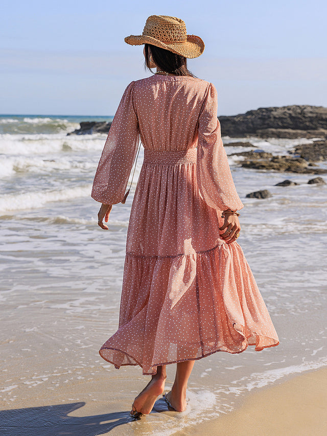 Embroidered Polka Dot Tie Neck Long Sleeve Midi Dress Trendsi Hanalas