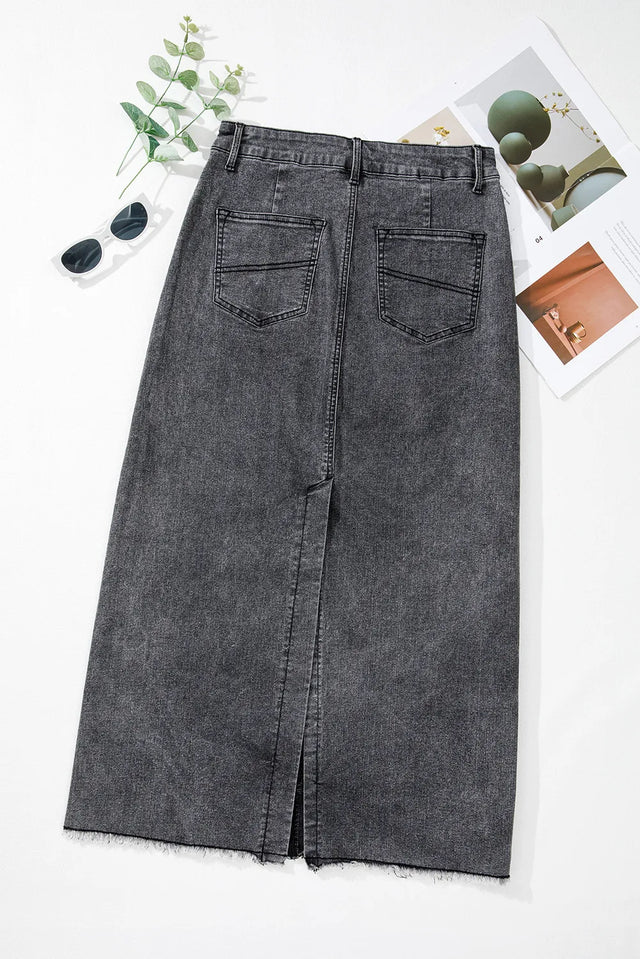 Raw Hem Midi Denim Skirt with Pockets Trendsi Hanalas