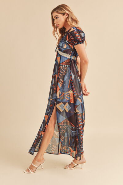 Aemi + Co Lace Detail Slit Geometric Print Short Sleeve Maxi Dress | Hanalas
