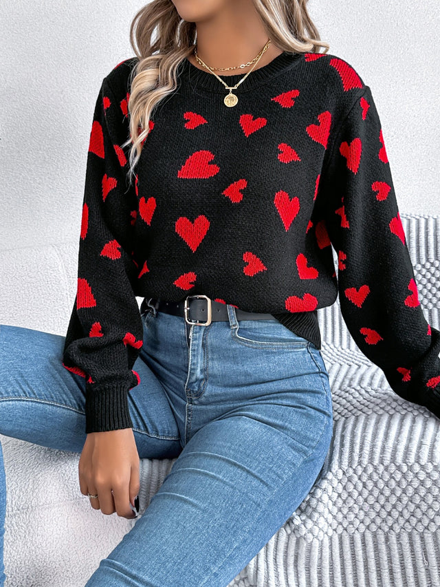 Heart Round Neck Long Sleeve Sweater | Hanalas