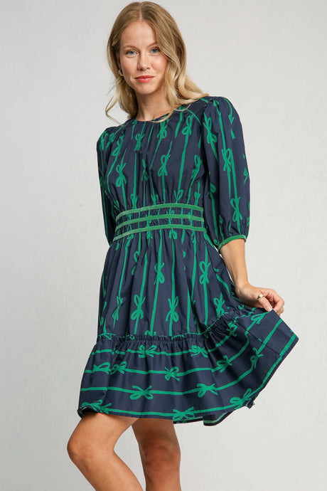 Umgee Ribbon Print Frill Contrast Velvet Trim Half Sleeve Dress | Hanalas