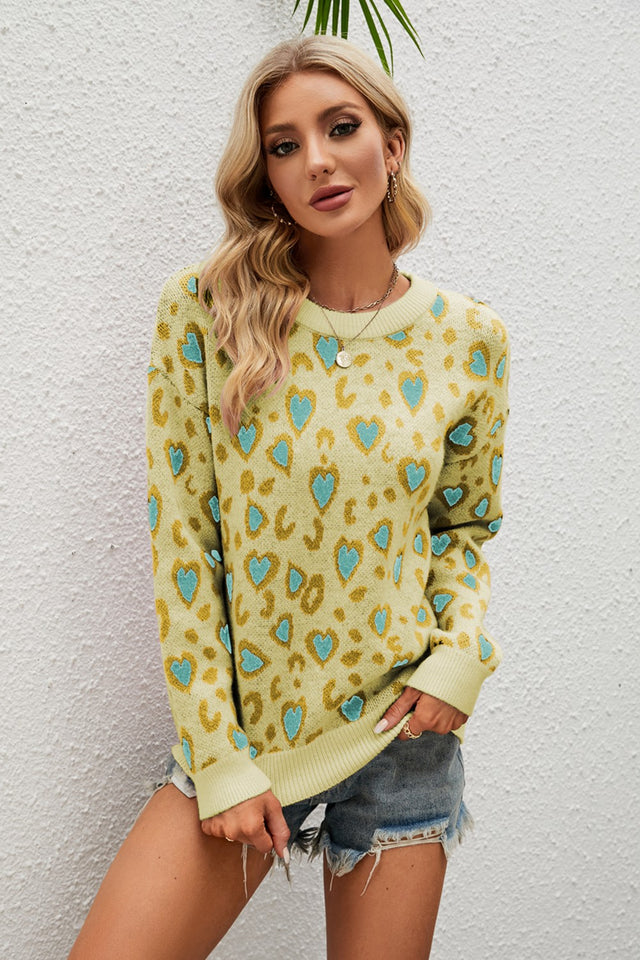 Heart Round Neck Dropped Shoulder Sweater | Hanalas