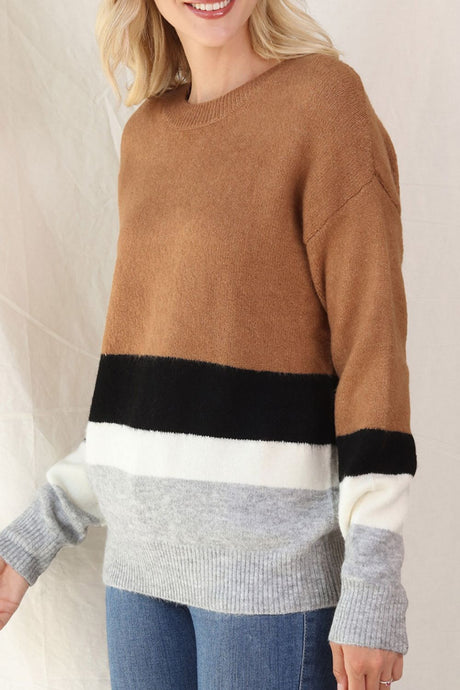 Color Block Round Neck Dropped Shoulder Sweater | Hanalas