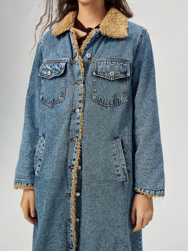 Pocketed Button Up Denim Jacket with Fur Lining | Hanalas