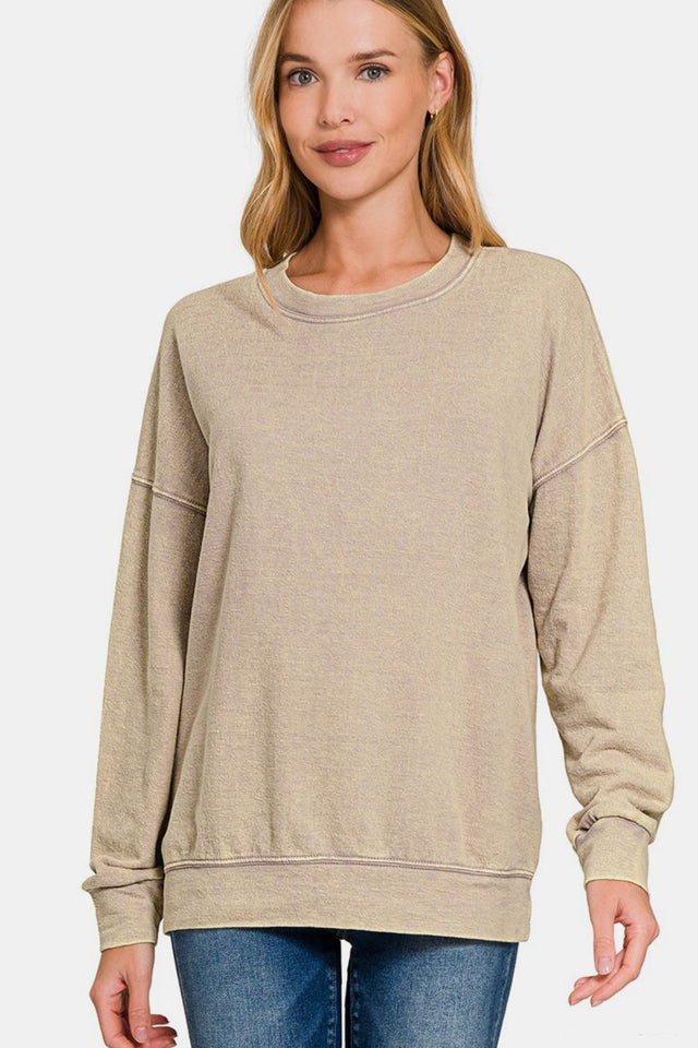 Zenana Washed Round Neck Dropped Shoulder Sweatshirt | Hanalas