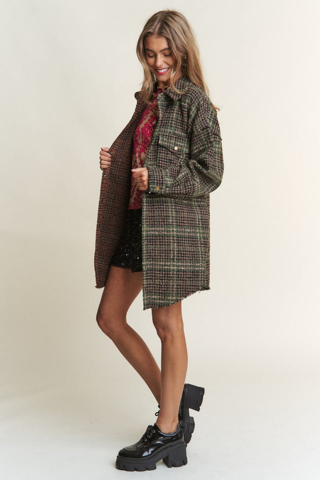 J.NNA Snap Down Tweed Plaid Contrast  Longline Shacket | Hanalas