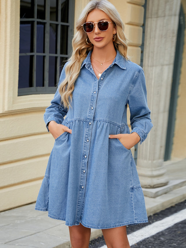 Tiered Button Up Long Sleeve Denim Dress Trendsi Hanalas