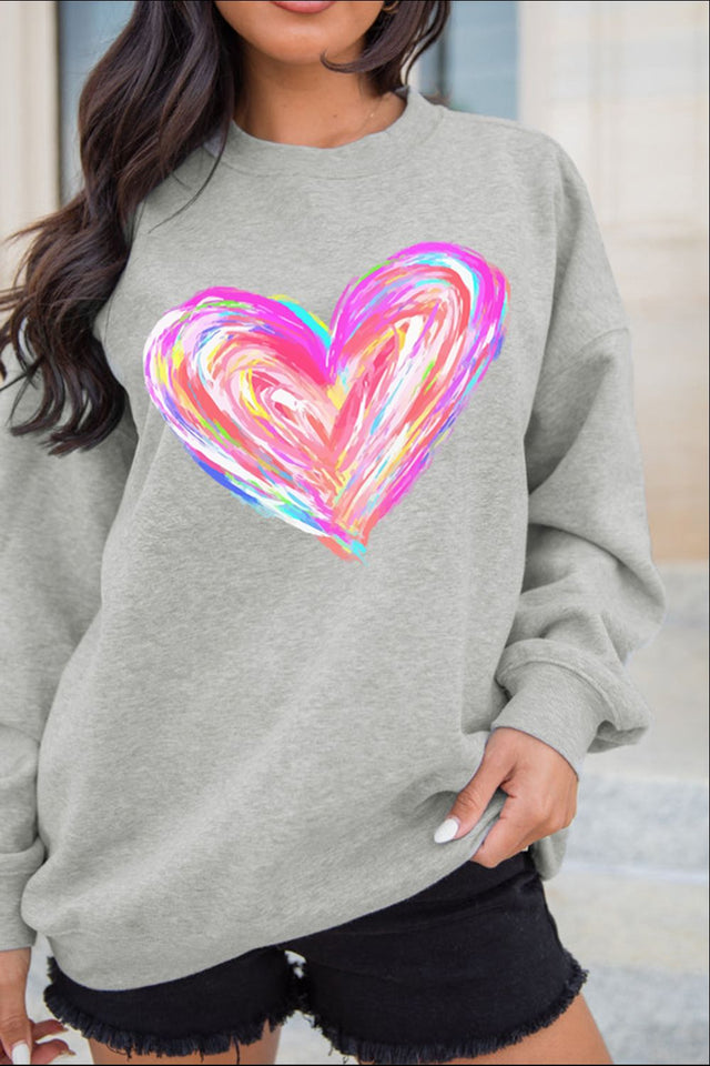 Valentine’s Day Heart Round Neck Drop Shoulder Sweatshirt | Hanalas