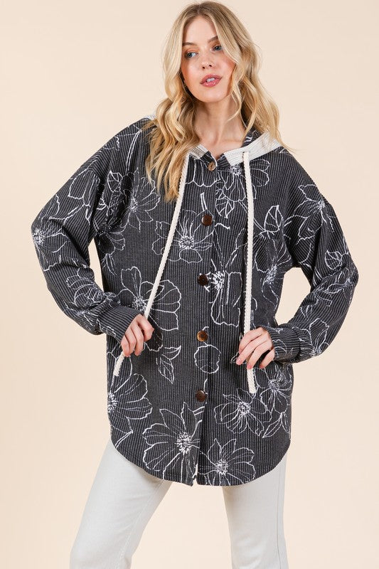 BOMBOM Drawstring Flower Print Button Up Shacket | Hanalas