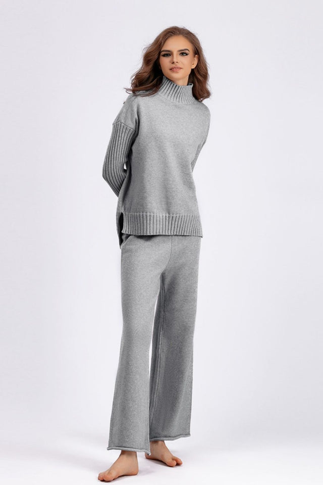 Basic Bae High- Low Turtleneck Long Sleeve Top and Pants Sweater Set Trendsi Hanalas