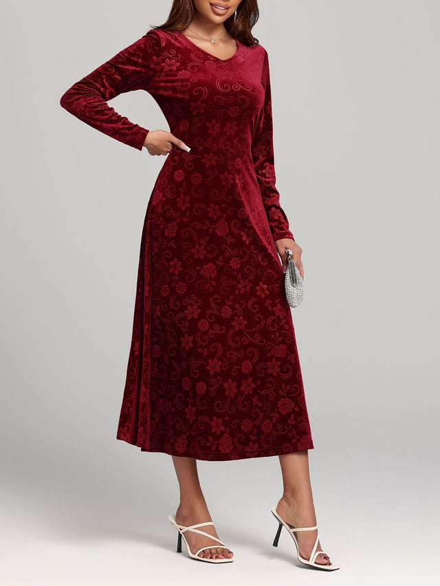 Flower Print V-Neck Long Sleeve Midi Dress | Hanalas