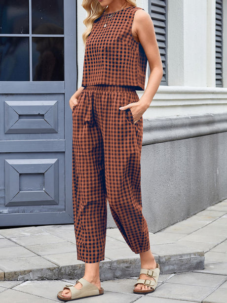 Lovelet Plaid Round Neck Sleeveless Top and Pants Set | Hanalas