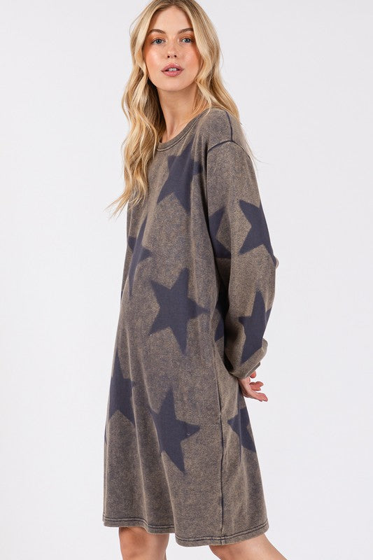 SAGE + FIG Washed Star Print Round Neck Dress | Hanalas