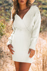 Cable-Knit Surplice Lantern Sleeve Sweater Dress Trendsi Hanalas