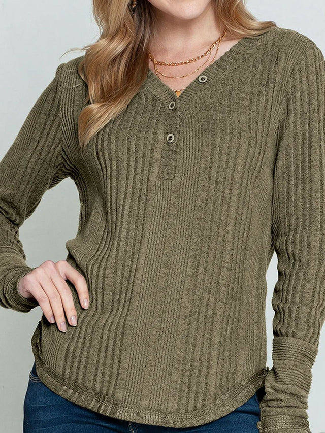 Textured V-Neck Long Sleeve T-Shirt Trendsi Hanalas