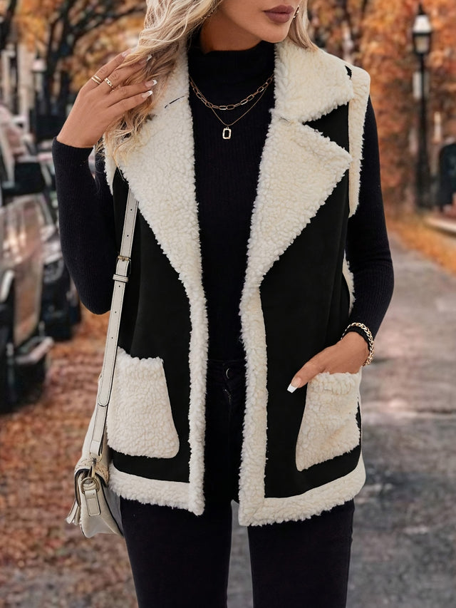 Full Size Contrast Open Front Sherpa Vest Coat | Hanalas