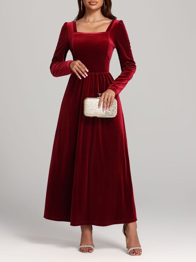 Velvet Square Neck Long Sleeve Dress | Hanalas