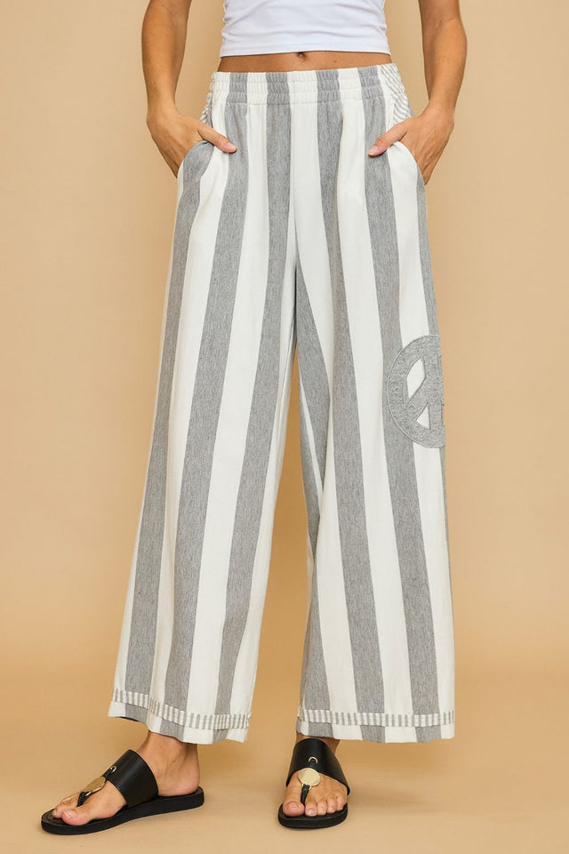 Umgee Peace Sign Patch Striped Wide Leg Pants | Hanalas