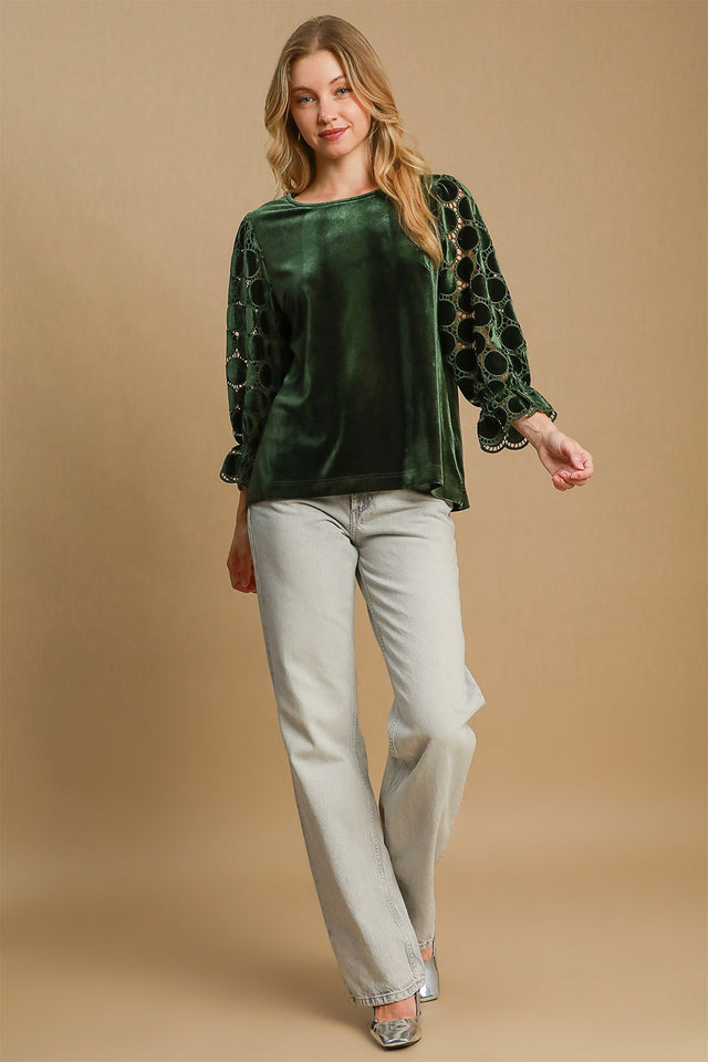 Umgee Polka Dot Lace Long Sleeve Round Neck Blouse | Hanalas