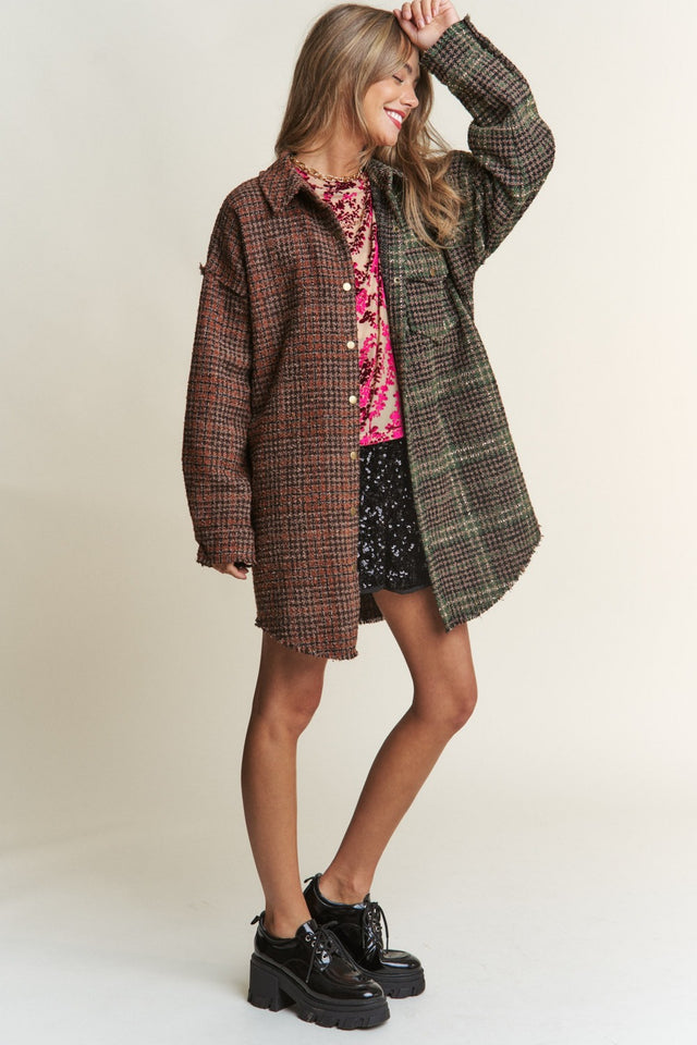 J.NNA Snap Down Tweed Plaid Contrast  Longline Shacket | Hanalas