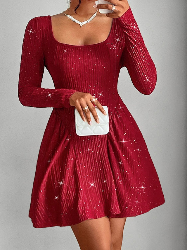 Backless Glitter Square Neck Long Sleeve Mini Dress | Hanalas