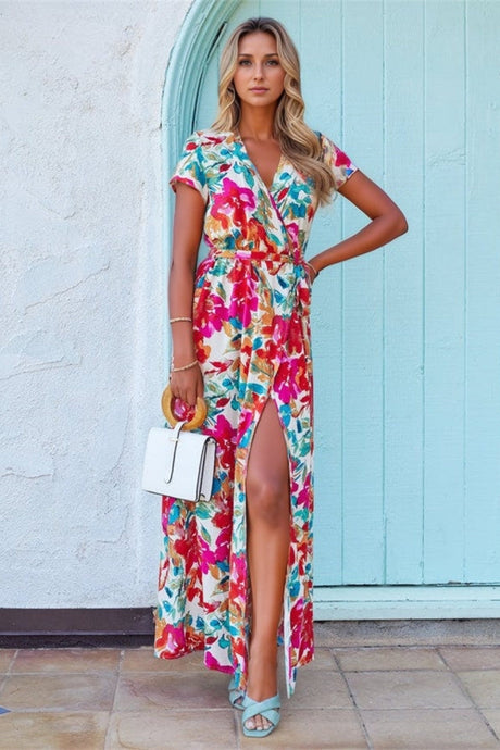 Printed Surplice Short Sleeve Tie Waist Maxi Dress | Hanalas